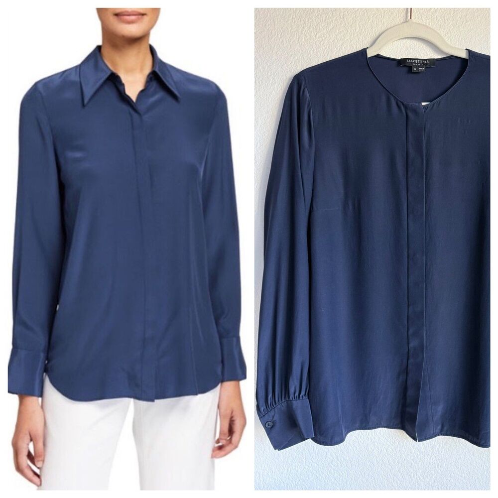 Lafayette 148 New York Silk Blouse Navy Blue Hidden Button Up Long Sleeve M